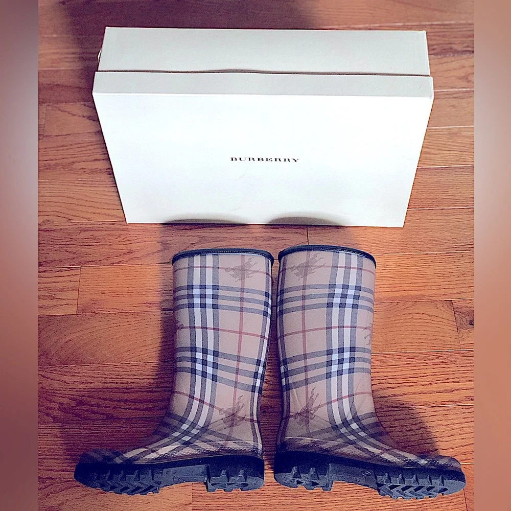 Burberry Beige Plaid Rain Boots